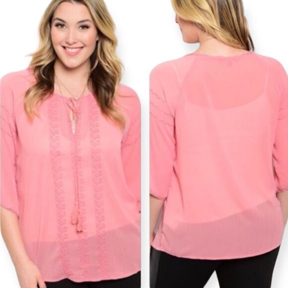Boho Pink Tassel Tie Neck Short Sleeve Embroidery Lightweight Peasant Top NEW - Picture 3 of 3